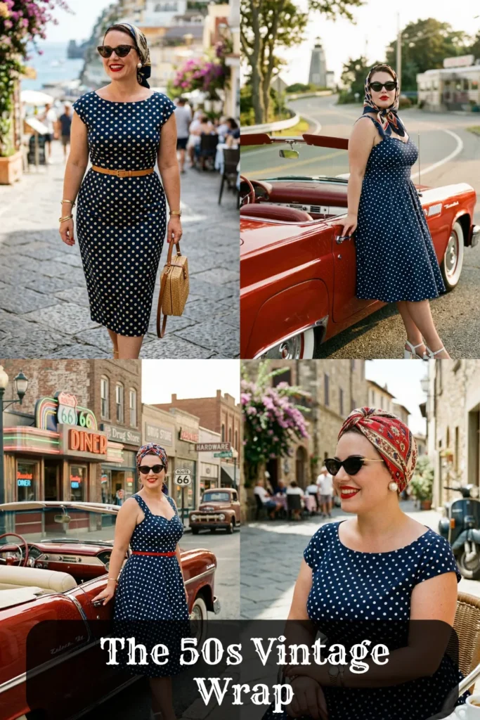 Four-panel image collage showcasing the 50s Vintage Wrap hairstyle. A woman styled in retro outfits, including a navy polka dot dress, red lipstick, and cat-eye sunglasses, wears a full-coverage bandana head wrap. Settings feature a vintage red convertible car and a classic roadside diner. Graphic text overlay reads 'The 50s Vintage Wrap'.