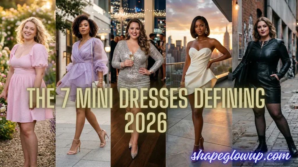 A fashion collage banner featuring women in various style trends, emphasizing Dreamy, Edgy & Chic: The 7 Mini Dresses Defining 2026.