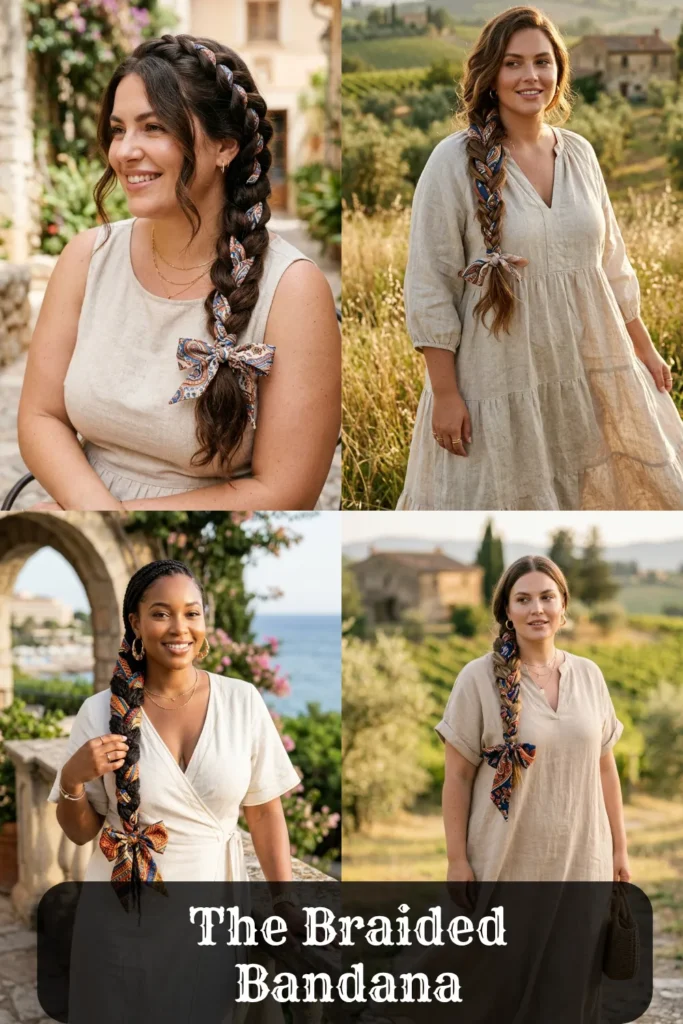 Here are the optimized ALT text options for your seventh image, The Braided Bandana web.webp:Option 1: Detailed & Descriptive (Recommended)
alt="Four-panel image collage showcasing the Braided Bandana hairstyle on long hair. Patterned bandanas are woven directly into single side braids and French braids, secured with a styled bow at the bottom. Graphic text overlay reads 'The Braided Bandana'.