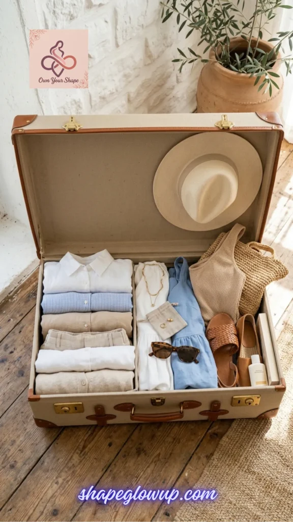 Beach Vacation Packing Hacks – Pack Smarter, Not Harder! A minimalist beach capsule wardrobe neatly folded and stacked inside an open vintage-style hardshell suitcase on a wooden floor.