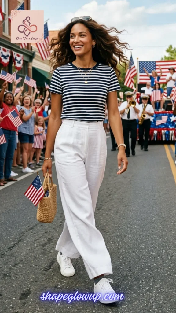 A joyful woman walking in a parade wearing a striped shirt and wide-leg white linen pants from White & Effortless: 5 Key Pieces, 10 Fabulous 4th of July Looks.