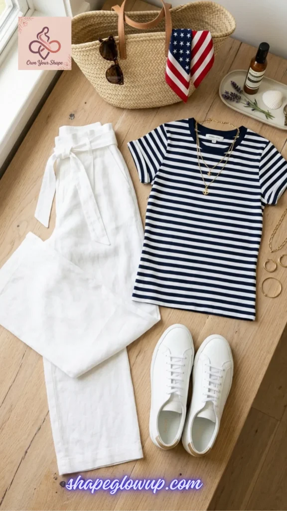 Casual flat lay featuring a striped t-shirt, white linen tie-waist pants, and white sneakers for White & Effortless: 5 Key Pieces, 10 Fabulous 4th of July Looks.