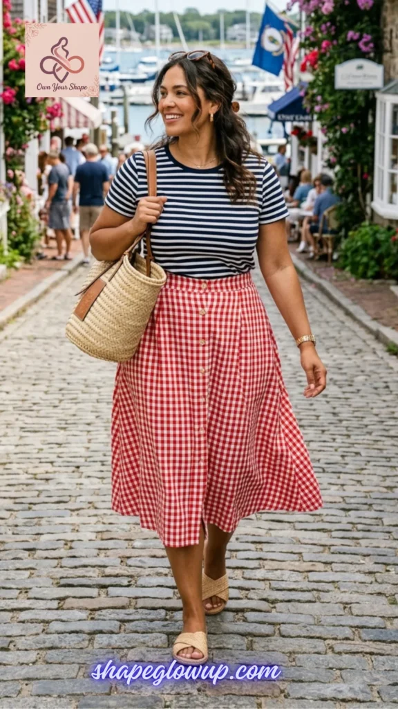 A woman smiling while walking down a cobblestone street in a striped tee and red gingham skirt for White & Effortless: 5 Key Pieces, 10 Fabulous 4th of July Looks.