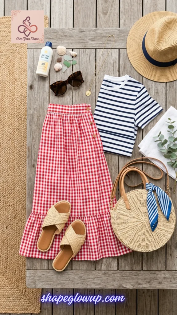 Summer flat lay with a navy striped tee, red gingham skirt, and a round straw bag for White & Effortless: 5 Key Pieces, 10 Fabulous 4th of July Looks.