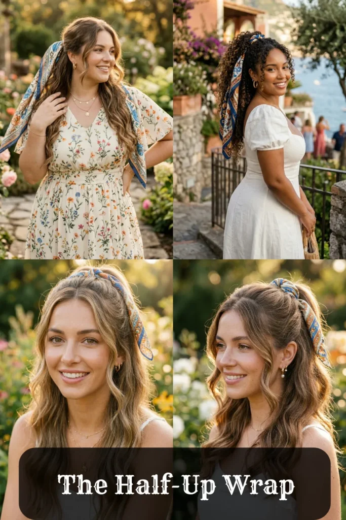 Four-panel image collage showing the Half-Up Wrap bandana hairstyle on women with wavy and curly hair. Folded patterned bandanas are tied over elastics to secure the top half of the hair, with the loose ends hanging down softly. The women wear a floral sundress and a white dress. Graphic text overlay reads 'The Half-Up Wrap'.