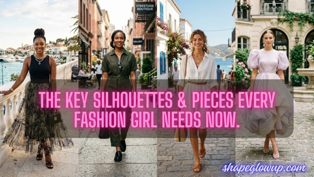 A fashion collage banner showcasing various women styling essential seasonal trends, exemplifying The Key Silhouettes & Pieces Every Fashion Girl Needs Now.