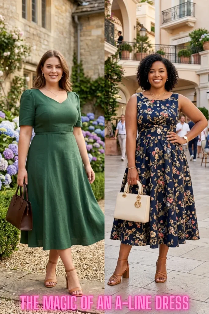 Flattering A-line dresses on two women demonstrating style tips from You Don't Have to Hide Your Tummy: 10 Ways to Dress It Beautifully.