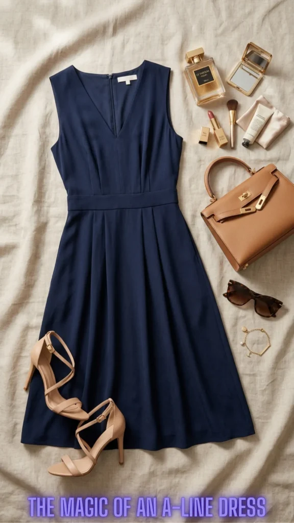 A sleek navy blue sleeveless A-line dress layout demonstrating style tips from You Don't Have to Hide Your Tummy: 10 Ways to Dress It Beautifully.