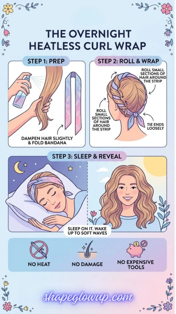 Illustrated step-by-step infographic titled 'The Overnight Heatless Curl Wrap'. Step 1 shows prepping by dampening hair and folding a bandana. Step 2 shows wrapping small sections of hair around the bandana strip and tying it loosely. Step 3 shows sleeping on it and waking up to soft waves. Bottom icons highlight 'No Heat', 'No Damage', and 'No Expensive Tools' with a shapeglowup.com watermark.