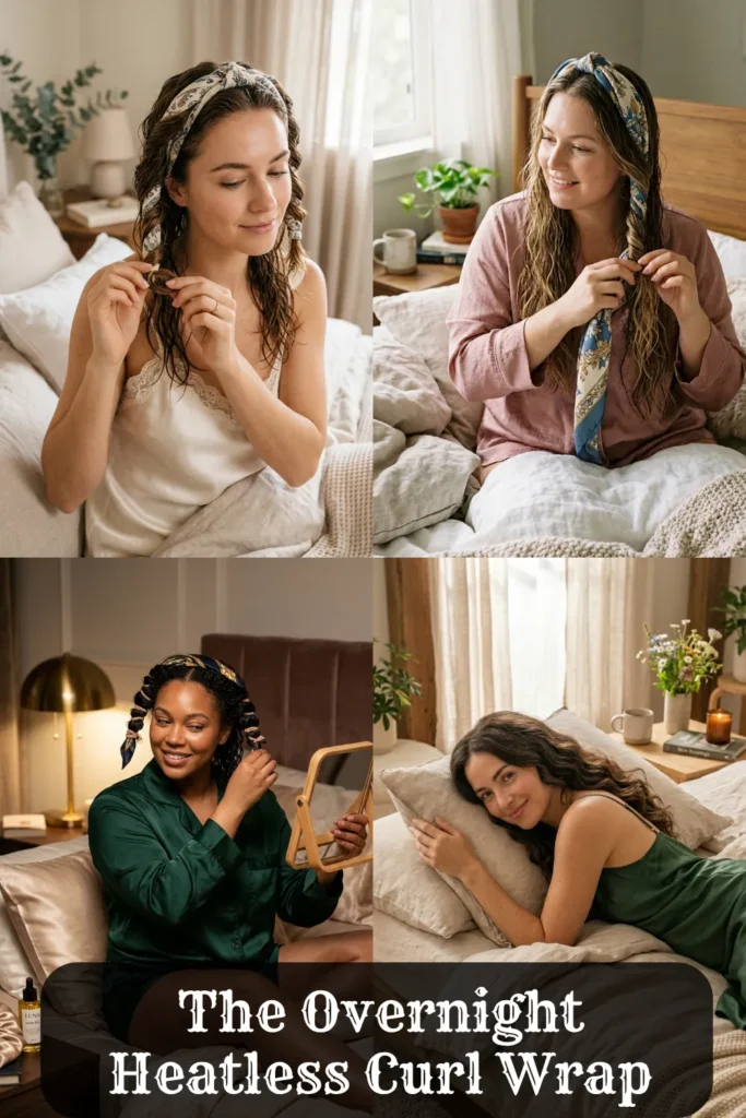 Four-panel image collage demonstrating the Overnight Heatless Curl Wrap. Women in pajamas are shown in bedroom settings dampening their hair, wrapping sections of hair around patterned bandanas, and smiling in bed. The final panel shows a woman with soft, heatless wavy hair. Graphic text overlay reads 'The Overnight Heatless Curl Wrap'.