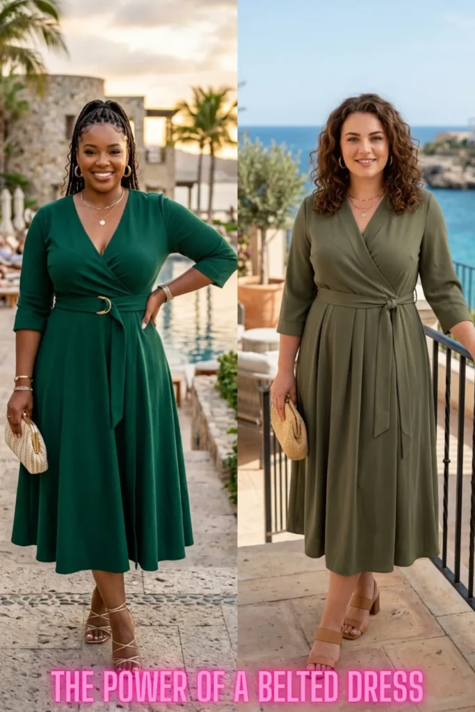 Chic belted wrap-style midi dresses on two women highlighting fashion advice from You Don't Have to Hide Your Tummy: 10 Ways to Dress It Beautifully.