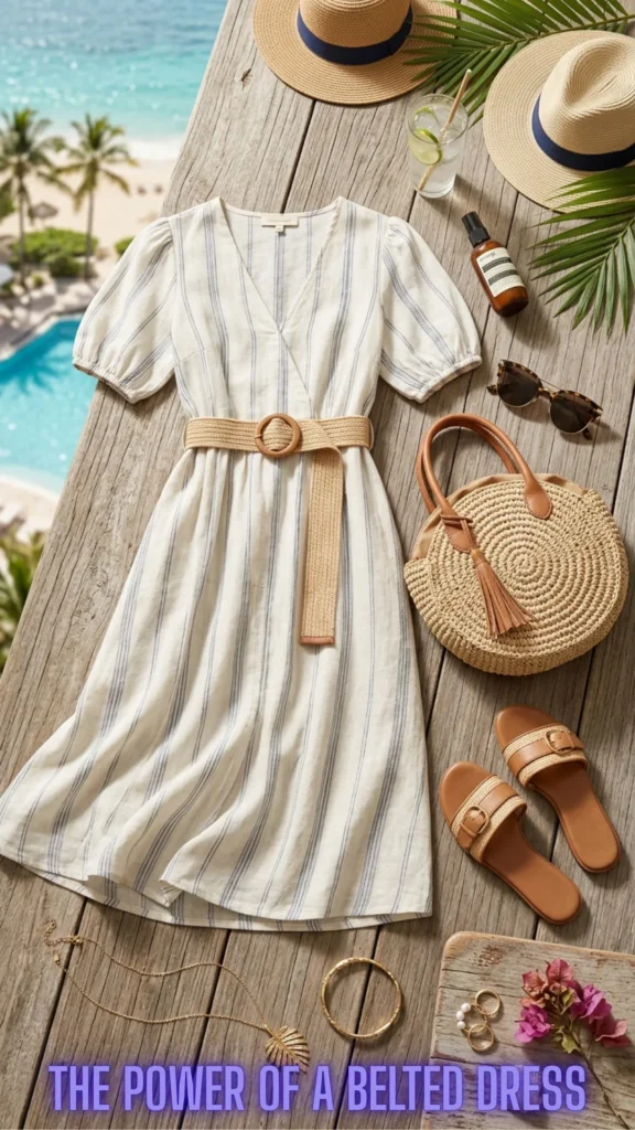 A summer resort wear layout featuring a belted striped linen dress for You Don't Have to Hide Your Tummy: 10 Ways to Dress It Beautifully.