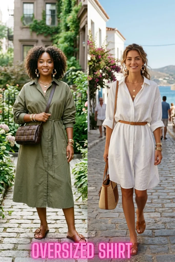 Outdoor fashion photography of models wearing belted shirt dresses, representing The Key Silhouettes & Pieces Every Fashion Girl Needs Now.