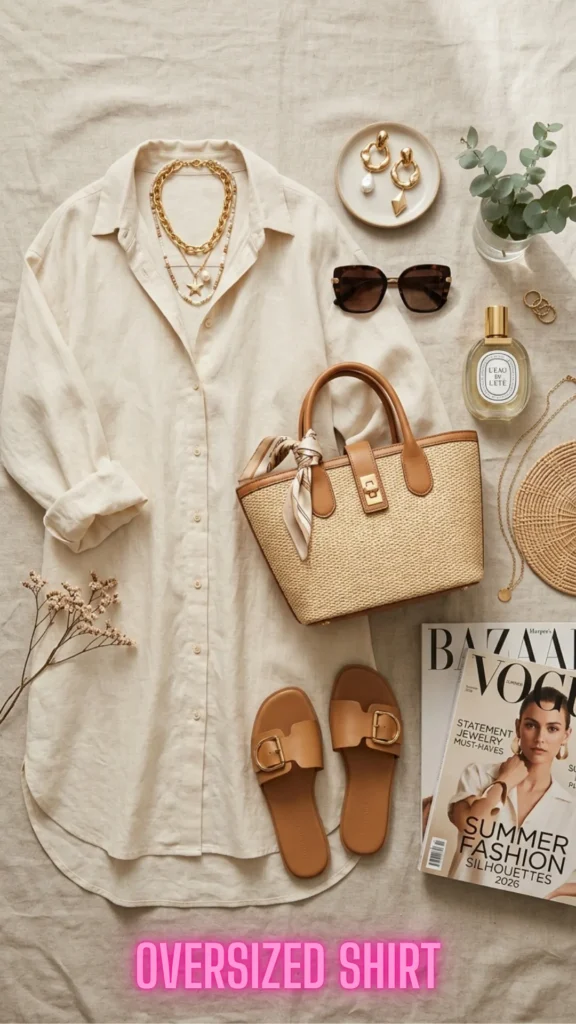 A flat lay curation showcasing a relaxed cream-colored shirt dress with summer accessories, exemplifying The Key Silhouettes & Pieces Every Fashion Girl Needs Now.