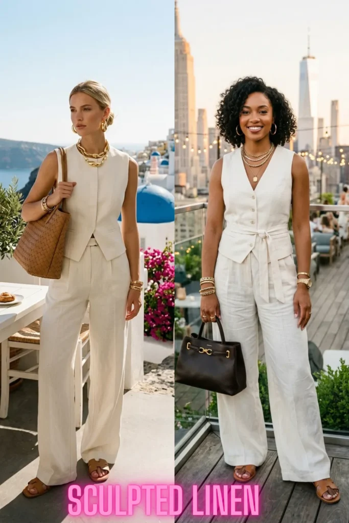 Two women styling an elegant, tailored white vest and trousers set, highlighting The Key Silhouettes & Pieces Every Fashion Girl Needs Now.