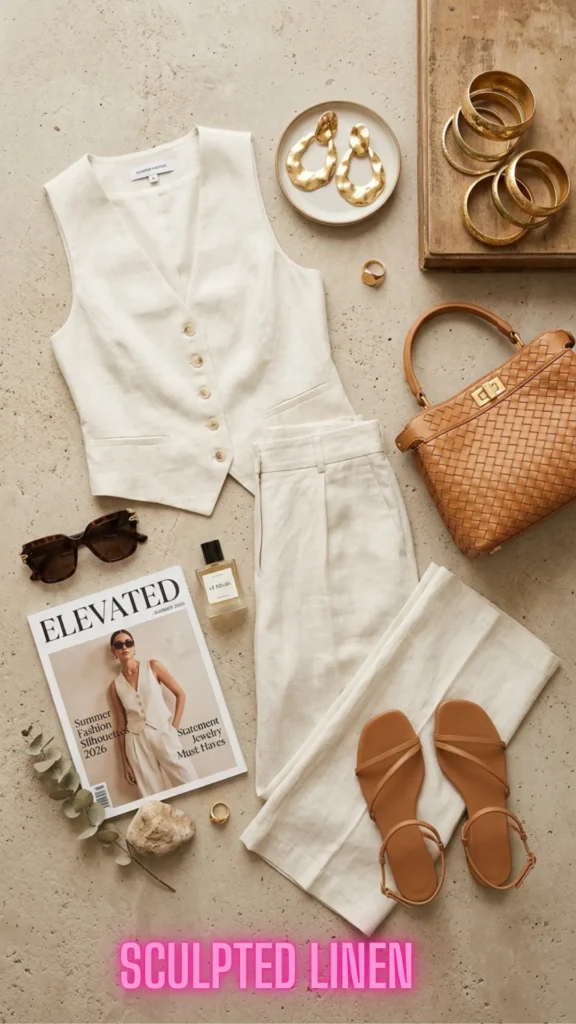 A flat lay layout of a cream tailored linen vest and matching wide-leg trousers, representing The Key Silhouettes & Pieces Every Fashion Girl Needs Now.