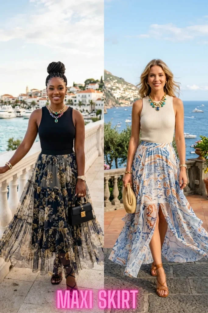 Two models wearing breezy maxi skirts in picturesque holiday destinations, capturing The Key Silhouettes & Pieces Every Fashion Girl Needs Now.