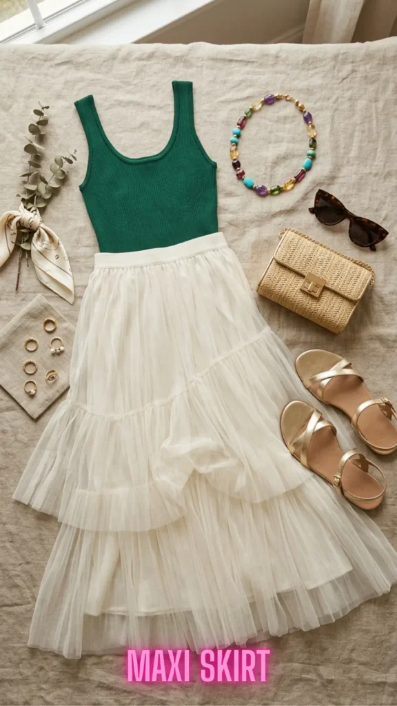 Flat lay of a vibrant green tank top and a flowing tiered tulle skirt, capturing The Key Silhouettes & Pieces Every Fashion Girl Needs Now.