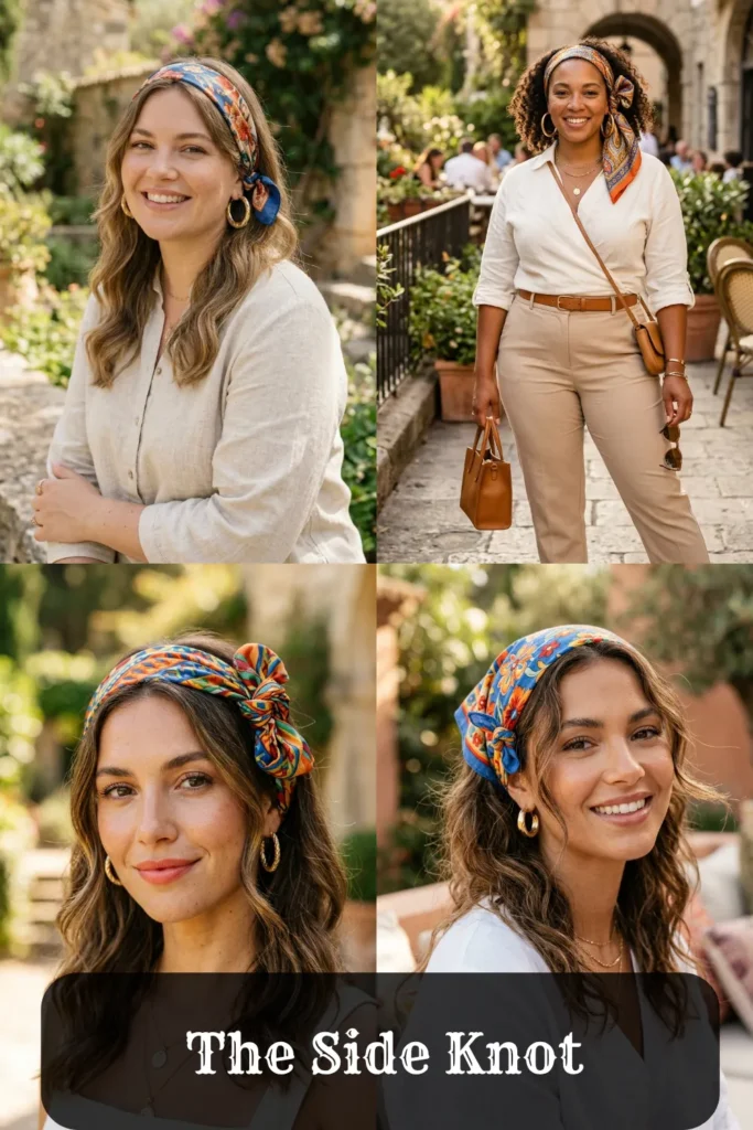 Four-panel image collage displaying the Side Knot bandana hairstyle on women with wavy and curly hair. Brightly patterned bandanas are wrapped like headbands with a prominent knot or bow tied on one side above the ear, accessorized with gold hoop earrings. Graphic text overlay reads 'The Side Knot'.