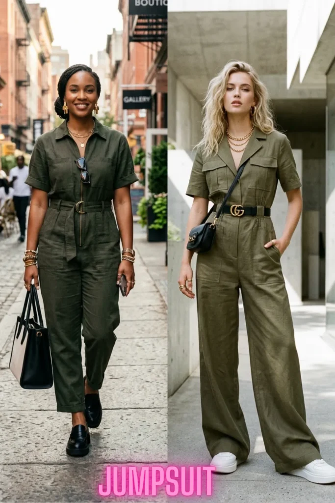 Two women rocking utilitarian street style in olive green jumpsuits, illustrating The Key Silhouettes & Pieces Every Fashion Girl Needs Now.