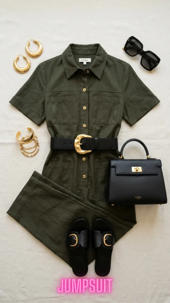 An olive green utility jumpsuit arranged flat lay with sleek black and gold accessories, defining The Key Silhouettes & Pieces Every Fashion Girl Needs Now.