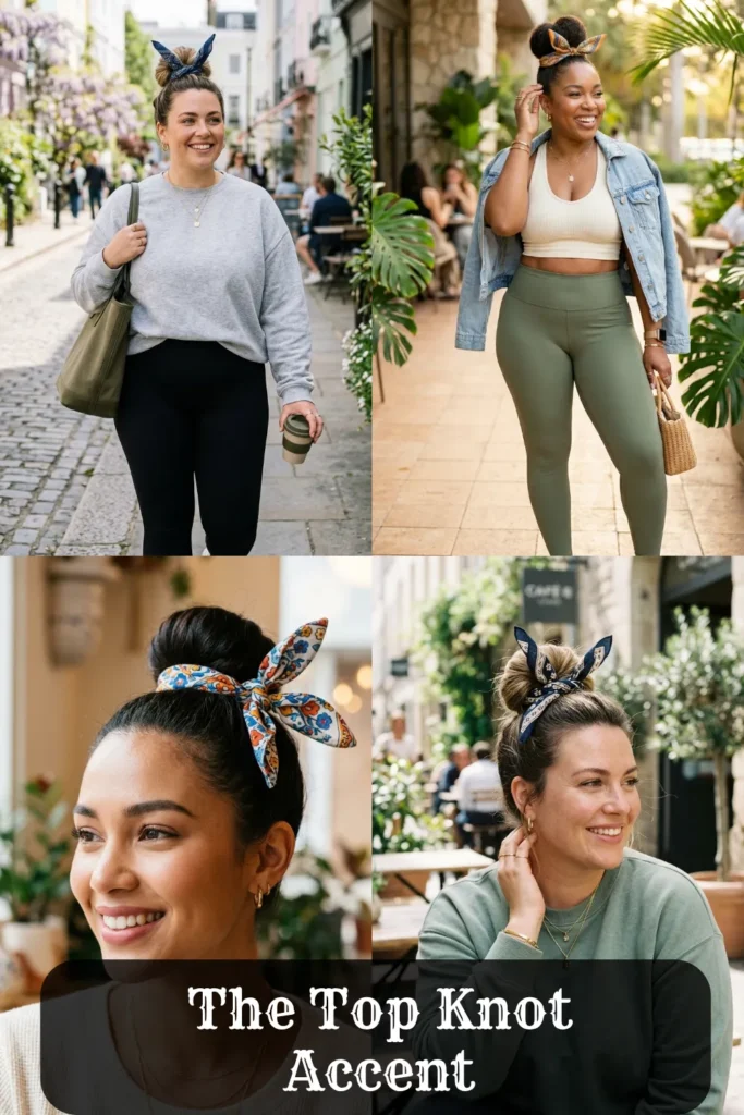 Four-panel image collage showing the Top Knot Accent hairstyle on women out in casual city and cafe settings. Patterned bandanas are folded into thin ropes and tied around the base of high top knot buns, leaving the loose ends sticking upward like bunny ears. Graphic text overlay reads 'The Top Knot Accent'.