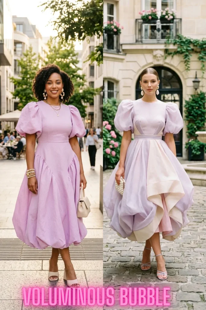Chic street style images showcasing models in dramatic pastel lavender bubble hem dresses, displaying The Key Silhouettes & Pieces Every Fashion Girl Needs Now.