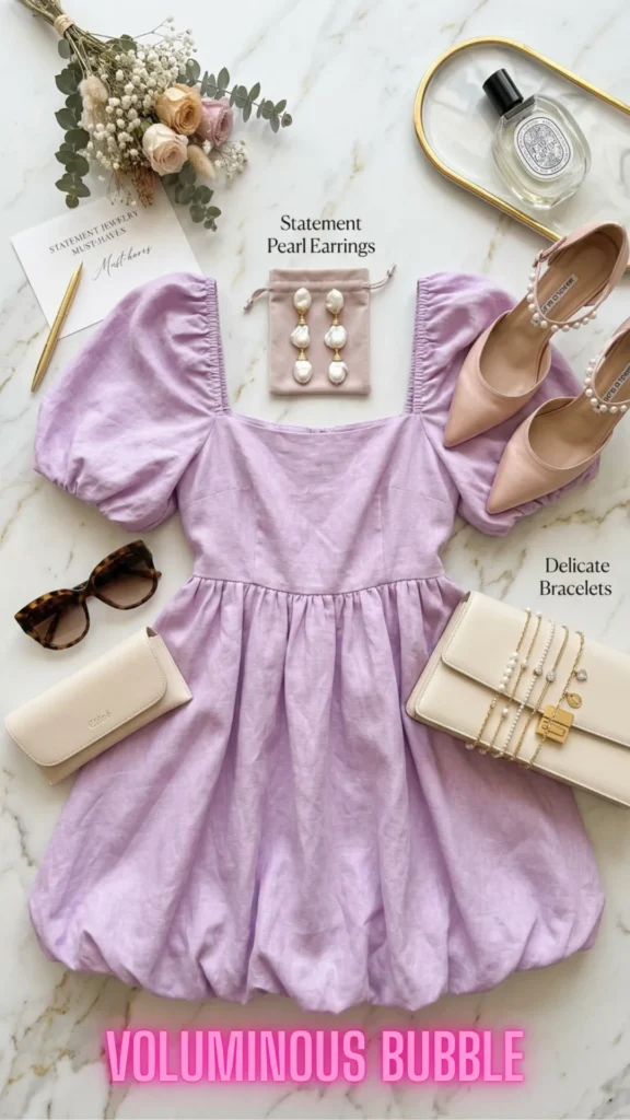 A flat lay of a lilac puff-sleeve bubble hem mini dress with elegant pastel details, embodying The Key Silhouettes & Pieces Every Fashion Girl Needs Now.