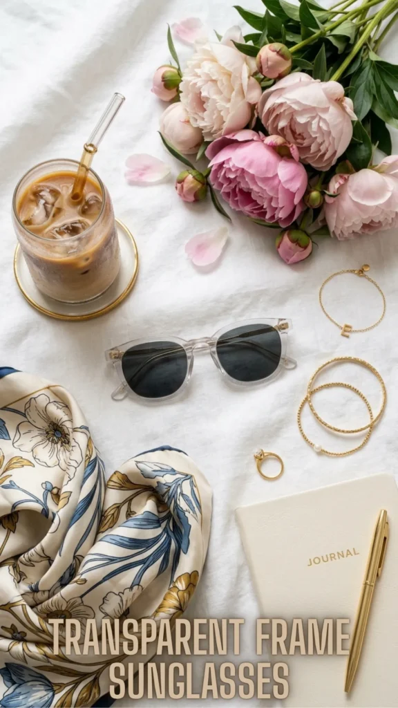 Trendy crystal-clear transparent frame sunglasses in a morning-themed flat-lay to Upgrade Your Summer Style – 10 Best Summer Sunglasses 2026.