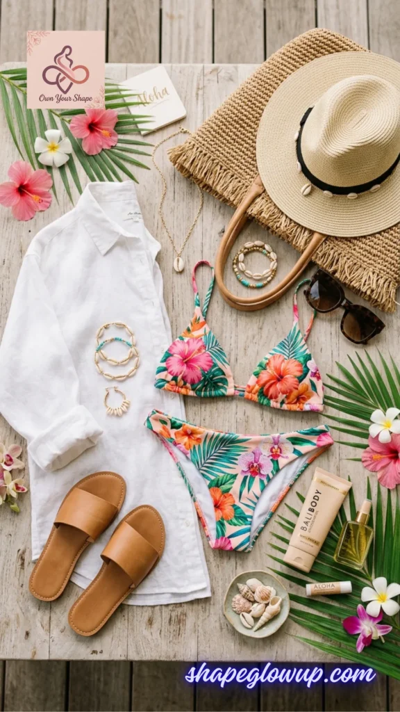 Vibrant resort wear layout featuring the Tropical Floral Bikini - flat lay for Viral Beach Looks ☀️ 7 Trending Beach Outfits 2026 You Need to Buy.