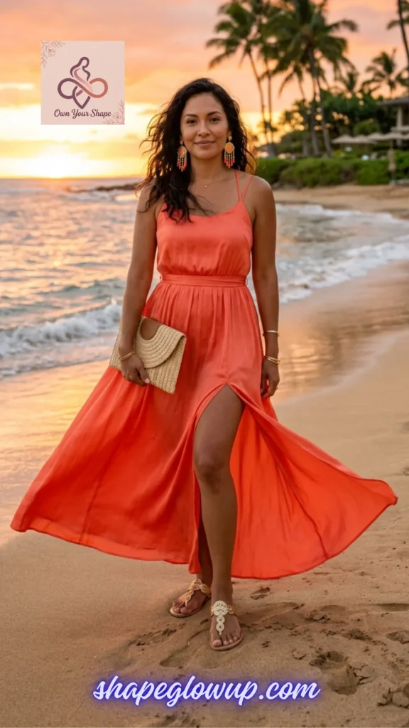 A woman on the beach at sunset wearing a dress from 5 Summer Vacation Outfit Ideas That Will Break the Internet.