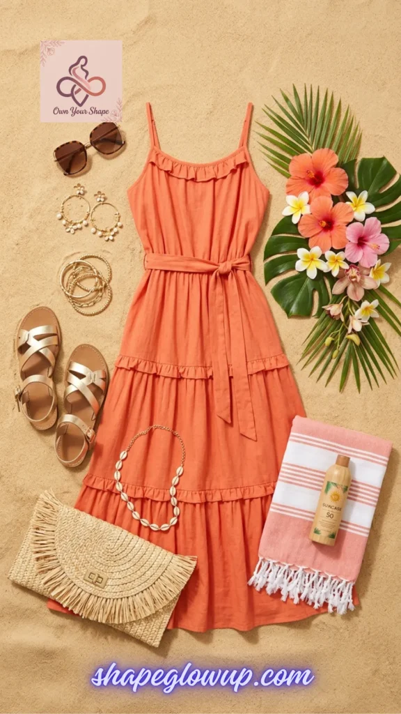 Flatlay of a coral maxi dress and tropical flowers for 5 Summer Vacation Outfit Ideas That Will Break the Internet.