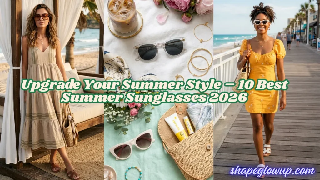 Upgrade Your Summer Style – 10 Best Summer Sunglasses 2026 cover banner featuring a lifestyle collage of women wearing trendy shades on a beach boardwalk and in a cabana alongside curated flat-lays.