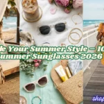 Upgrade Your Summer Style – 10 Best Summer Sunglasses 2026 cover banner featuring a lifestyle collage of women wearing trendy shades on a beach boardwalk and in a cabana alongside curated flat-lays.