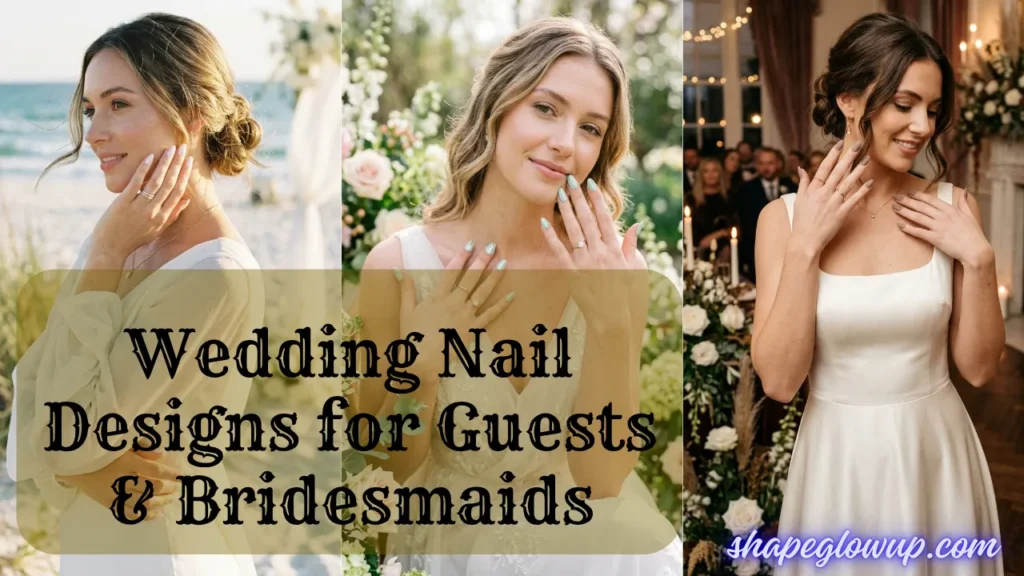 A collage of three elegant women showcasing understated wedding guest manicure styles. The left shows a woman at a beach wedding with soft pink nails. The center shows a woman in a garden setting with light sage green nails. The right shows a woman at an indoor reception with neutral taupe nails. Text overlay reads: "Wedding Nail Designs for Guests & Bridesmaids" with the website "shapeglowup.com" in the corner.