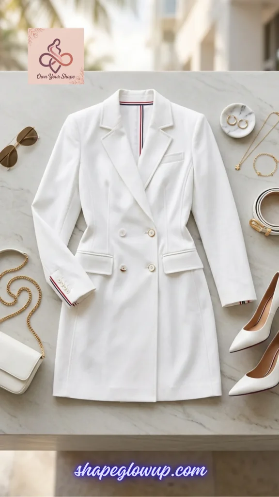 A minimal luxury blazer dress flat lay from the 7 Fancy 4th of July Outfits for Women in 2026 – Dressy Patriotic Looks for the 250th Celebration.
