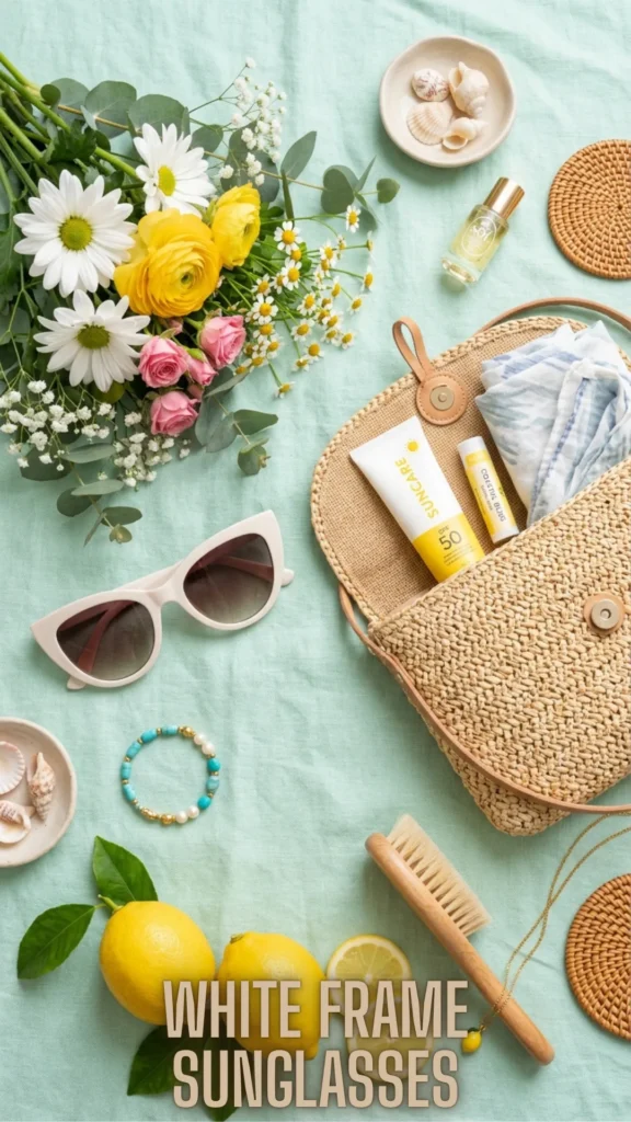 Bright retro white frame sunglasses styled with a woven straw bag to Upgrade Your Summer Style – 10 Best Summer Sunglasses 2026.