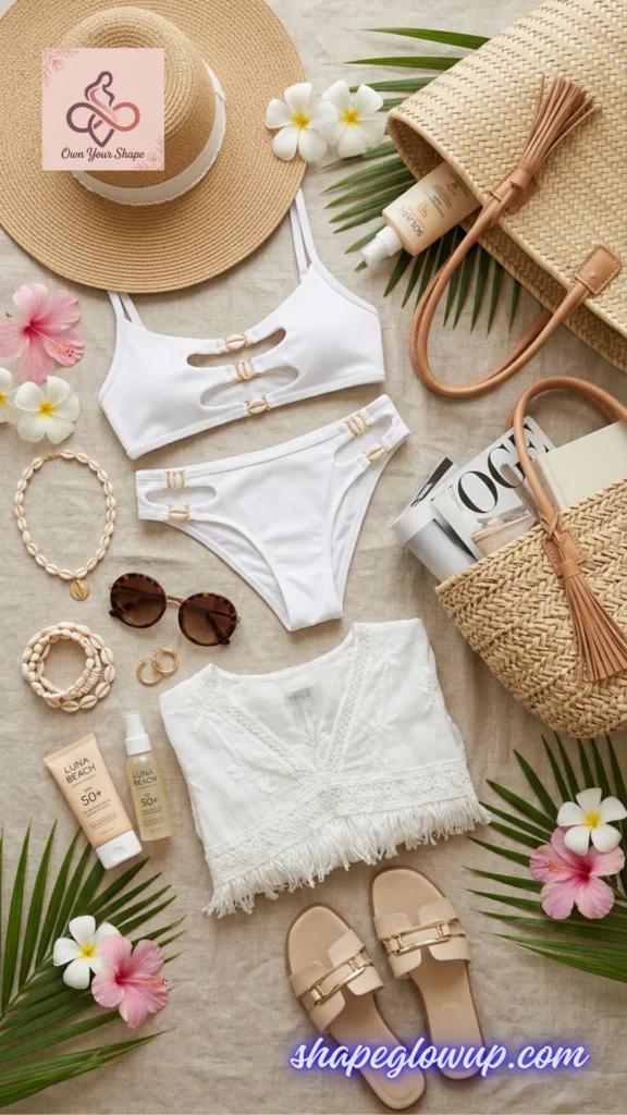 Elegant resort aesthetic flat lay showcasing the White Luxe Cut-Out Bikini - flat lay from Viral Beach Looks ☀️ 7 Trending Beach Outfits 2026 You Need to Buy.