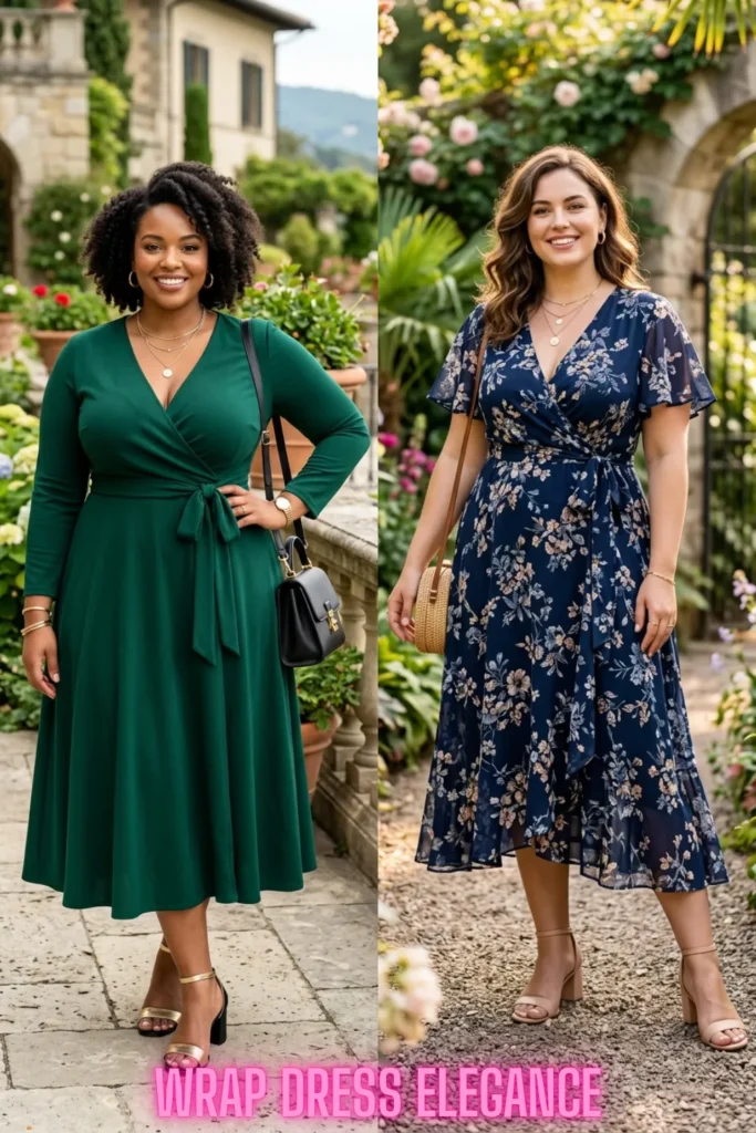 Two smiling curvy women confidently showcasing stylish wrap dresses for the guide, You Don't Have to Hide Your Tummy: 10 Ways to Dress It Beautifully.