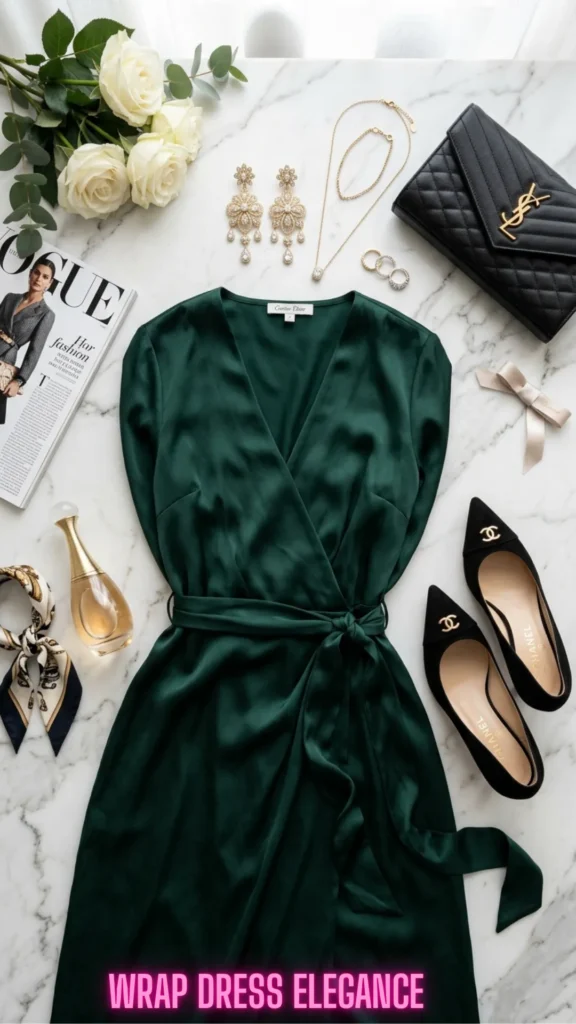 A flat lay featuring an emerald green satin wrap dress as part of the guide, You Don't Have to Hide Your Tummy: 10 Ways to Dress It Beautifully.