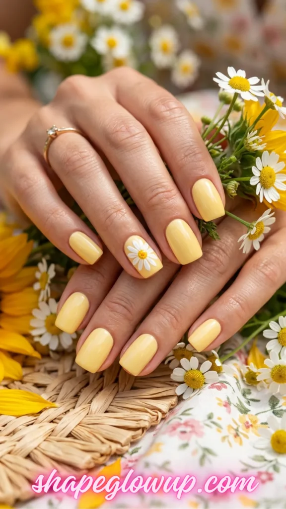 A close-up of a woman's hands showcasing a cheerful summer manicure with a soft yellow base polish on short, squoval-shaped nails. The ring finger features a detailed white and yellow daisy accent design. Her hands are holding fresh chamomile flowers over a woven raffia mat and a floral patterned fabric.