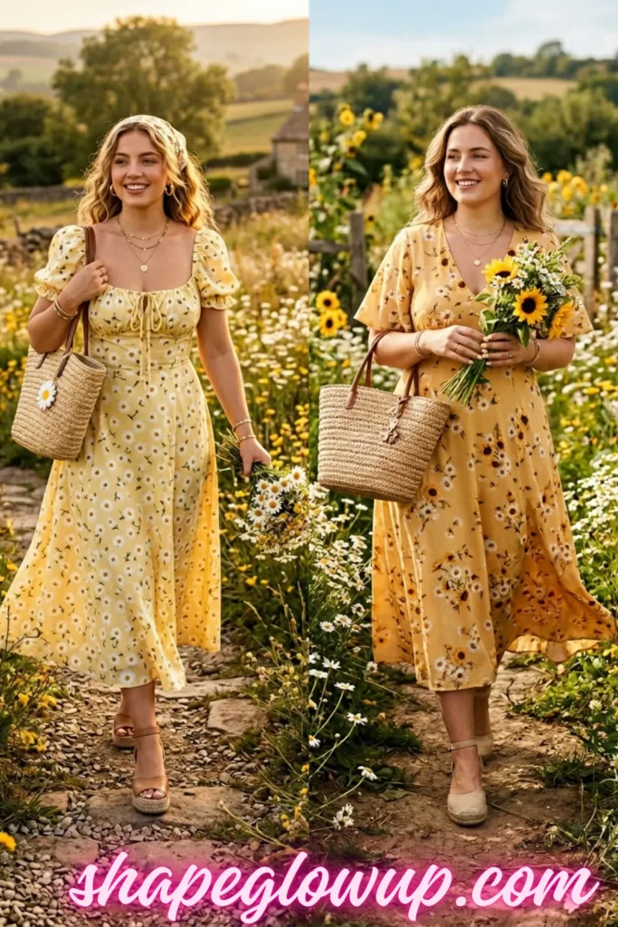 A side-by-side view of a smiling woman walking through a sunlit countryside field filled with sunflowers and daisies. On the left, she wears a yellow midi dress with a white daisy print, a matching headscarf, and platform espadrille sandals. On the right, she wears a warm-toned yellow V-neck floral midi dress with a bouquet of sunflowers. Both styles are paired with a woven raffia tote bag.