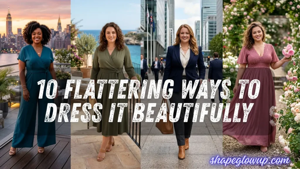 A fashion banner showing four stylishly dressed women for the guide, You Don't Have to Hide Your Tummy: 10 Ways to Dress It Beautifully.