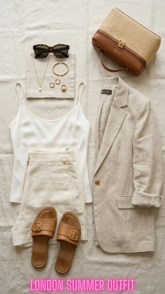 A minimalist fashion flat lay titled "LONDON SUMMER OUTFIT" on a textured beige linen background. The old money style curation features a white silk camisole tank top, cream tailored mid-thigh shorts, and an unlined beige linen blazer with rolled cuffs. Styled accessories include tan leather buckle slides, a structured woven raffia handbag with brown leather trim, tortoiseshell sunglasses, and dainty gold jewelry consisting of a pearl necklace, a bracelet, and rings.