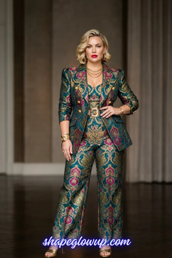 A blonde woman posing in a maximalist teal brocade pantsuit with intricate gold and magenta paisley patterns. She wears bold red lipstick, layered chunky gold necklaces, thick gold bracelets, and a statement belt. A text watermark at the bottom reads "shapeglowup.com".