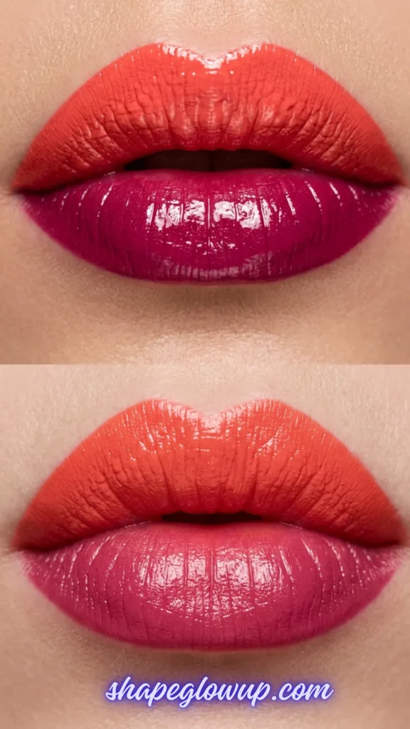 A vertical split close-up of two-toned lip makeup trends. The image shows two variations where the top lip is painted a bright coral orange and the bottom lip is a glossy, rich magenta pink. A text watermark at the bottom reads "shapeglowup.com".