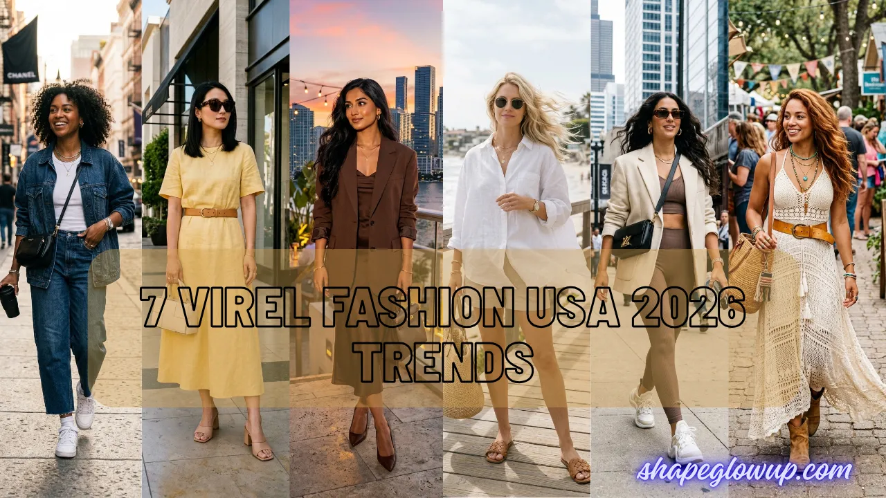 7 Virel Fashion USA 2026 Trends That Are Taking Over Right Now! - A collage showcasing seven viral fashion trends for USA in 2026, including denim, butter yellow, monochrome brown, coastal quiet luxury, sport luxe, power suits, and romantic boho styles.