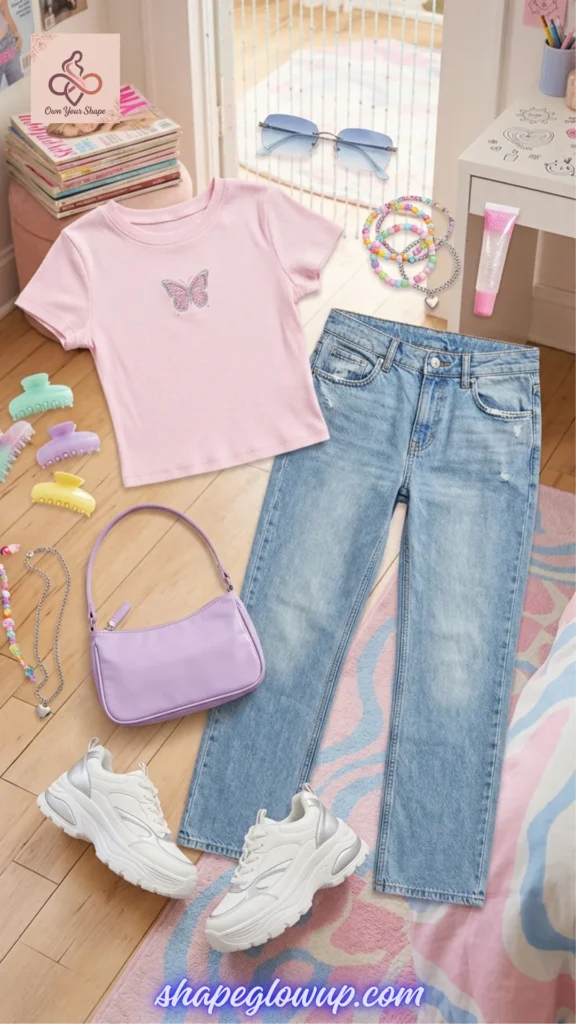 A flatlay featuring a pink baby tee with a butterfly graphic, low-rise jeans, a purple shoulder bag, chunky sneakers, and Y2K-inspired accessories like claw clips and beaded bracelets. This is for The Ultimate Y2K Checklist: Baby Tees, Cargos & Mini Skirts.