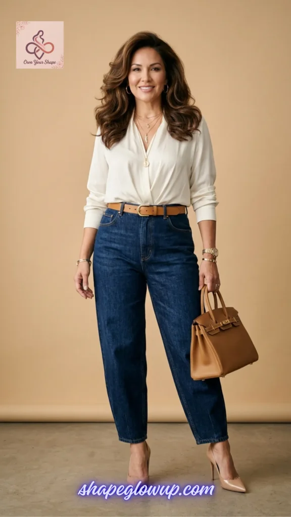 A smiling woman showcasing an elegant denim outfit from The ULTIMATE 2026 Style Goldmine: 40+ Looks You Can't Afford to Miss! wearing stylish barrel-leg jeans.