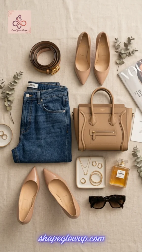 A chic flat-lay from The ULTIMATE 2026 Style Goldmine: 40+ Looks You Can't Afford to Miss! featuring a folded pair of Agolde denim jeans paired with neutral heels and a tan handbag.